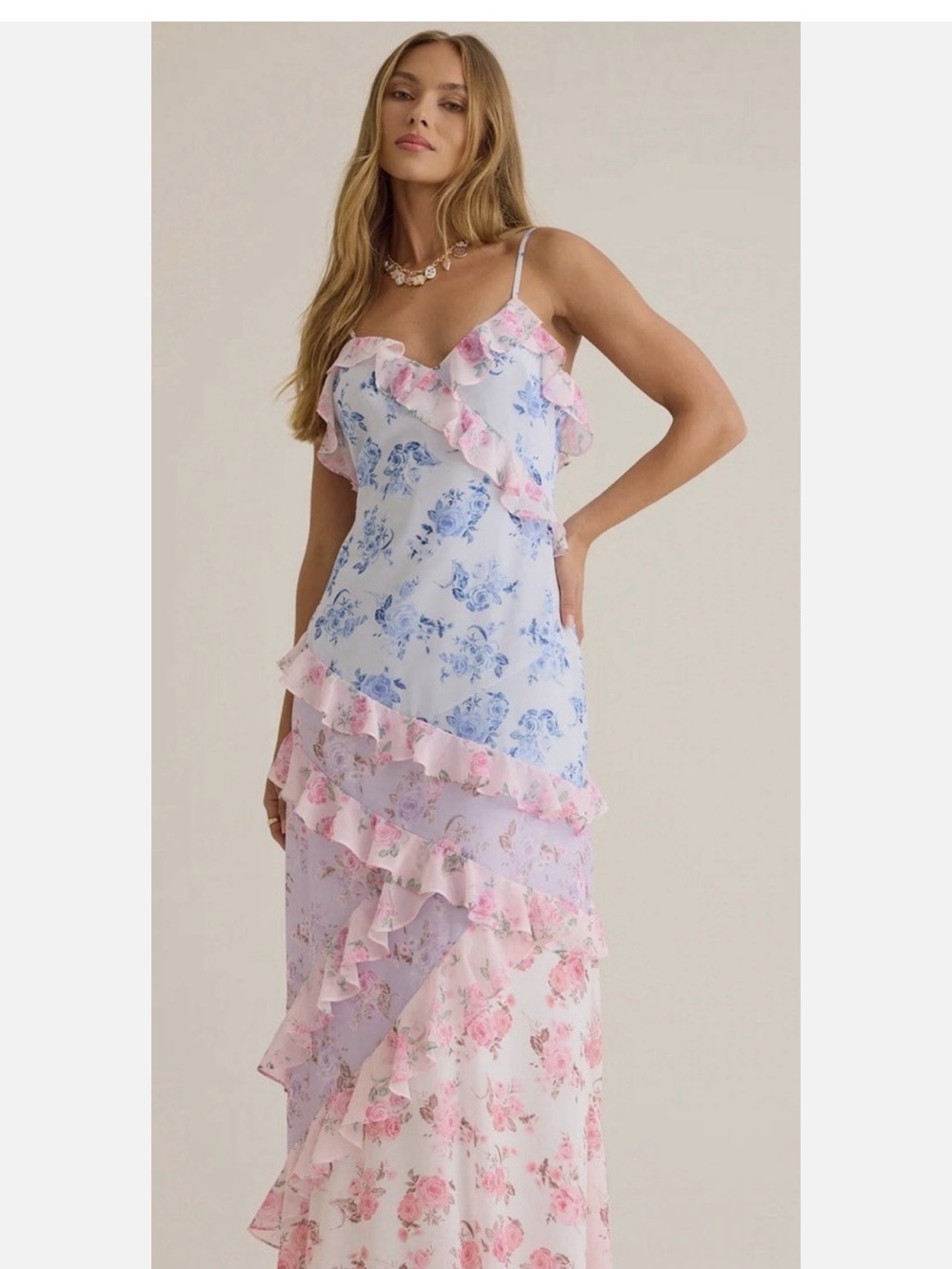 Altar'd State Pastel Pink & Blue Floral Ruffle Tiered Maxi Dress